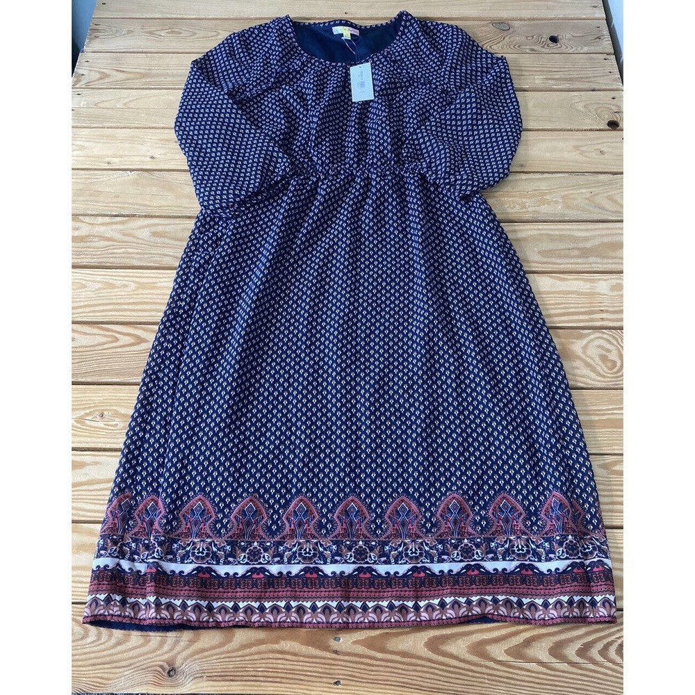 NWT Mimi + Daphne 3/4 Sleeve Border Print Dress Size Large Navy MSRP $46.99